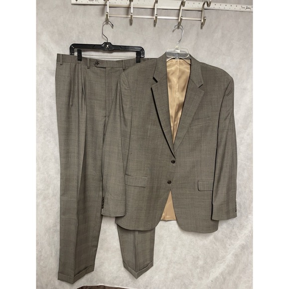 Ralph Lauren Suit Men 46XL Beige Gray Glen Plaid 2B Wool Career 39X34 Pants Luxe - Picture 1 of 16